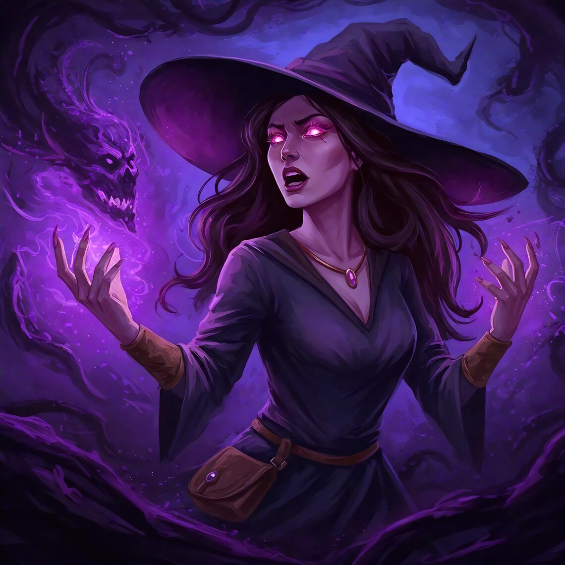 Dark Witch With Glowing Purple Eyes Smoke Skull Hat Gothic Fantasy Poster