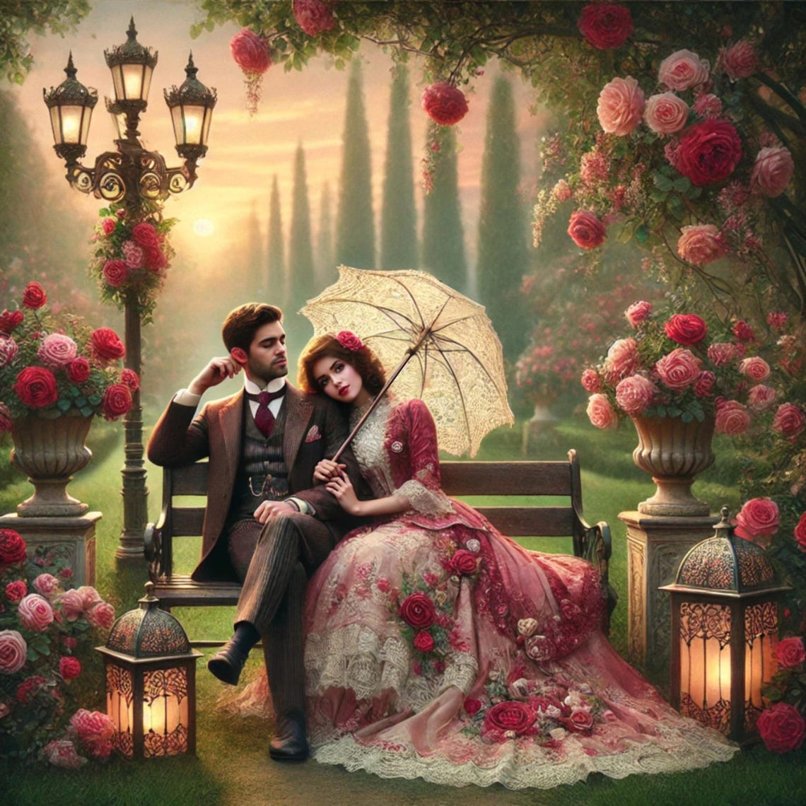 Victorian Couple on Garden Bench in Rose Arbor at Dusk Wall Art