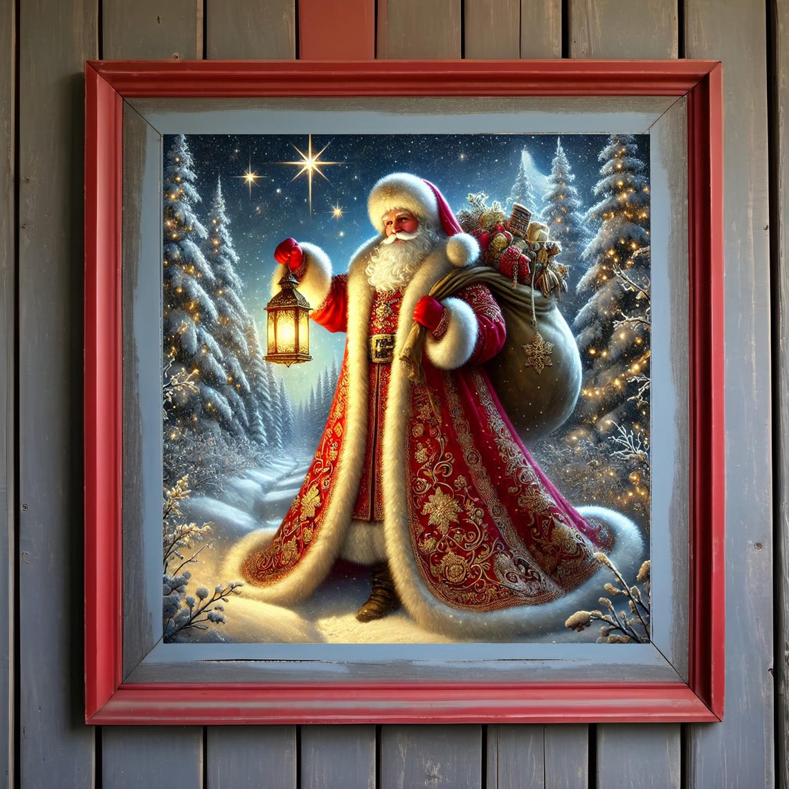 Santa Claus with Lantern Snowy Starry Night Forest Art Print - Image 3