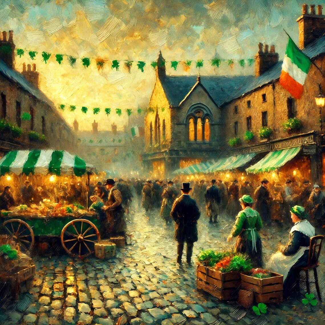 Vintage Irish Market Street Festival Shamrock Irish Flag Town Poster