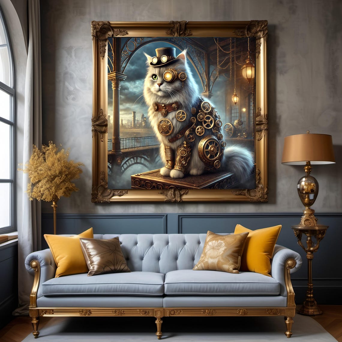 Victorian Steampunk Cat Top Hat Goggles Clockwork Gears Portrait Print - Image 3