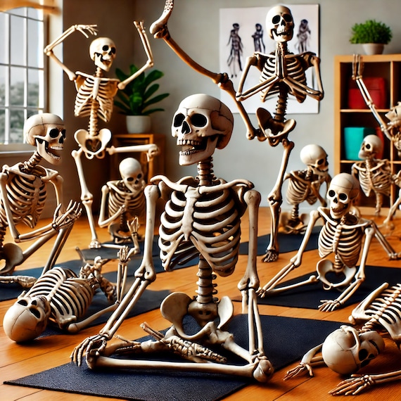 Skeletons Practicing Yoga Poses On Mats In Bright Studio Humor Wall Art Print
