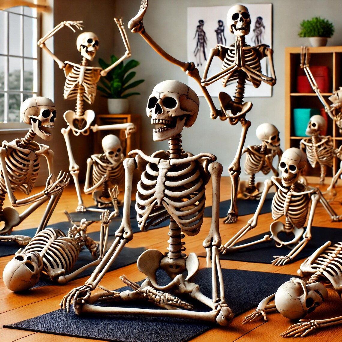 Skeletons Practicing Yoga Poses On Mats In Bright Studio Humor Wall Art Print