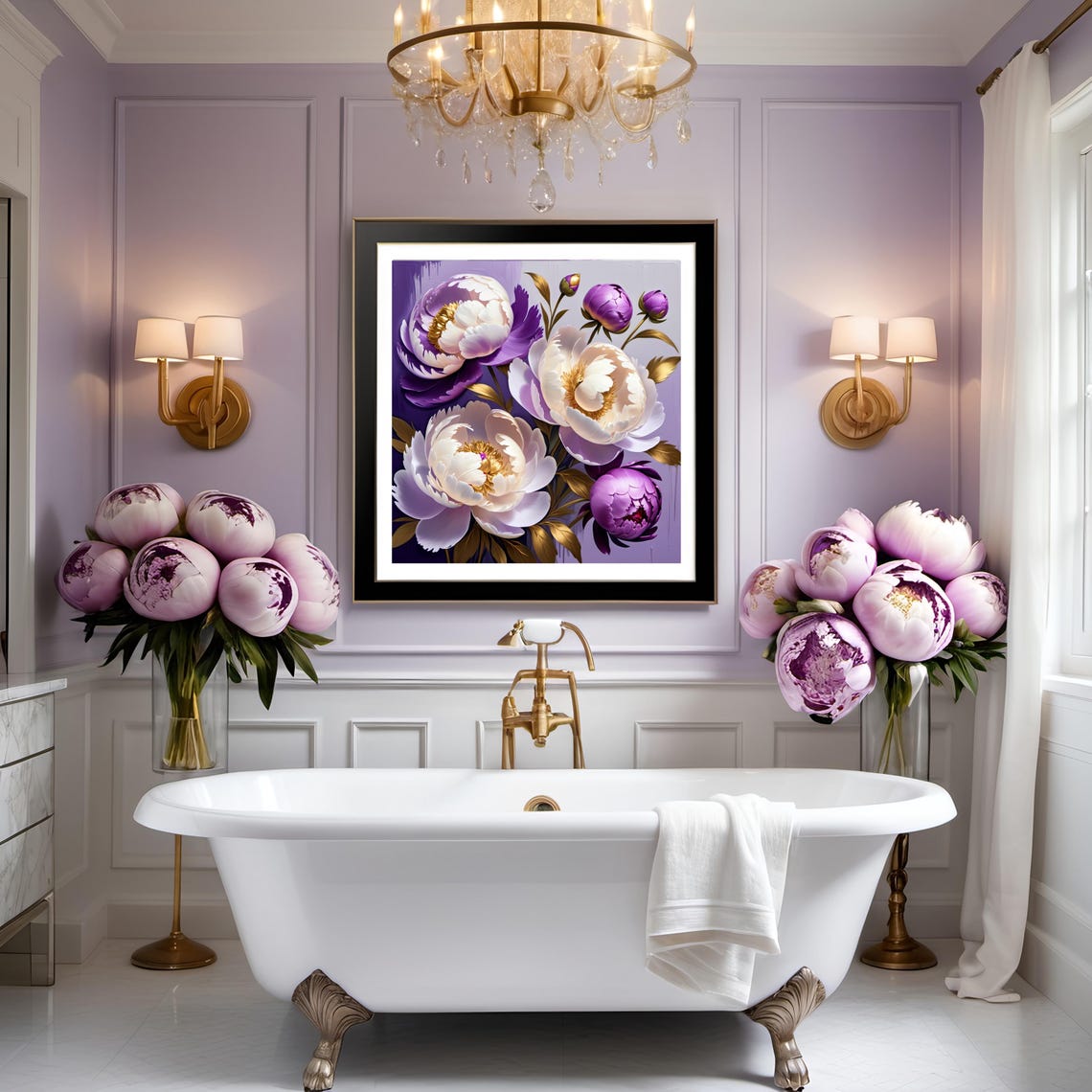 Purple White Peony Bouquet Golden Leaves Regal Floral Art Poster - Image 2