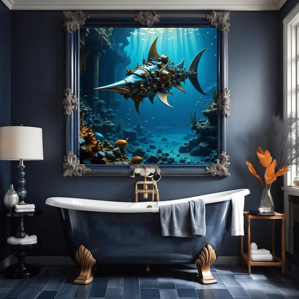 Steampunk Mechanical Swordfish in Sunlit Ocean Ruins Wall Art - Image 2