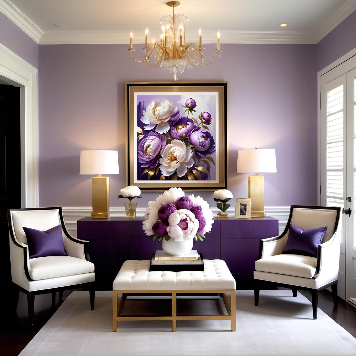 Purple Peony Buds White Blossoms Gold Elegant Botanical Art Poster - Image 2