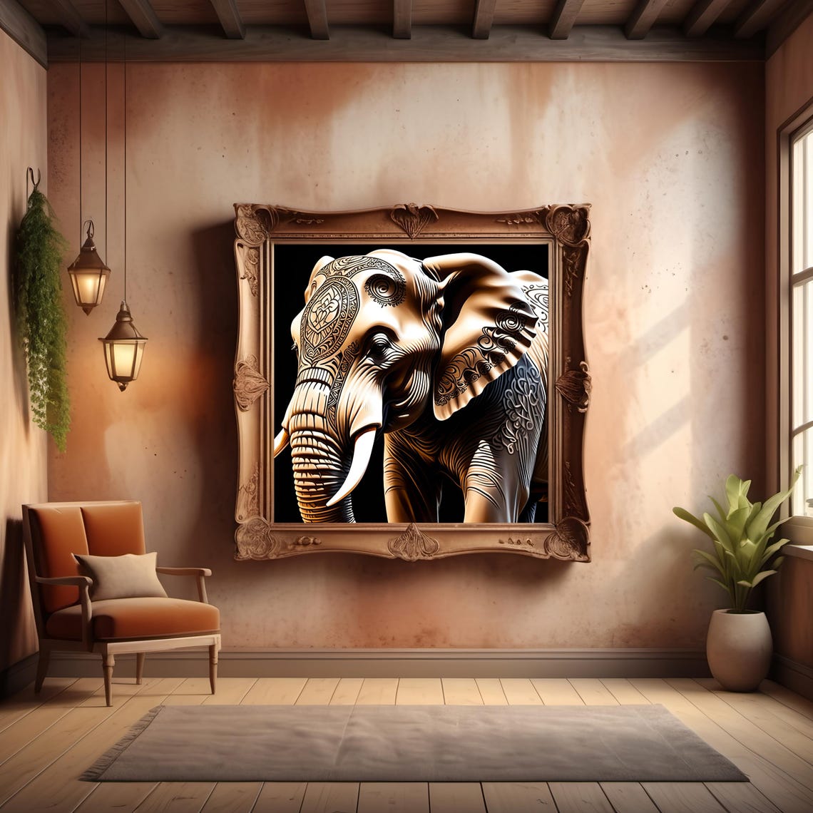 Tattooed Elephant Intricate Animal Art Bold Wall Decor For Home Office Or Studio High Resolution - Image 2
