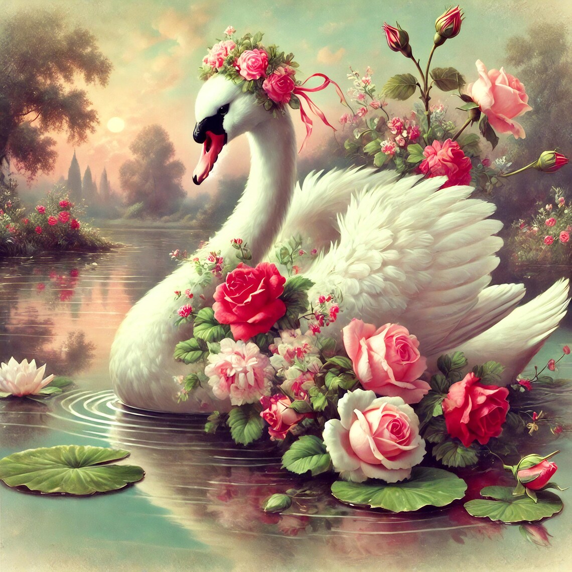 Vintage Swan With Roses, Victorian Romance Art Print