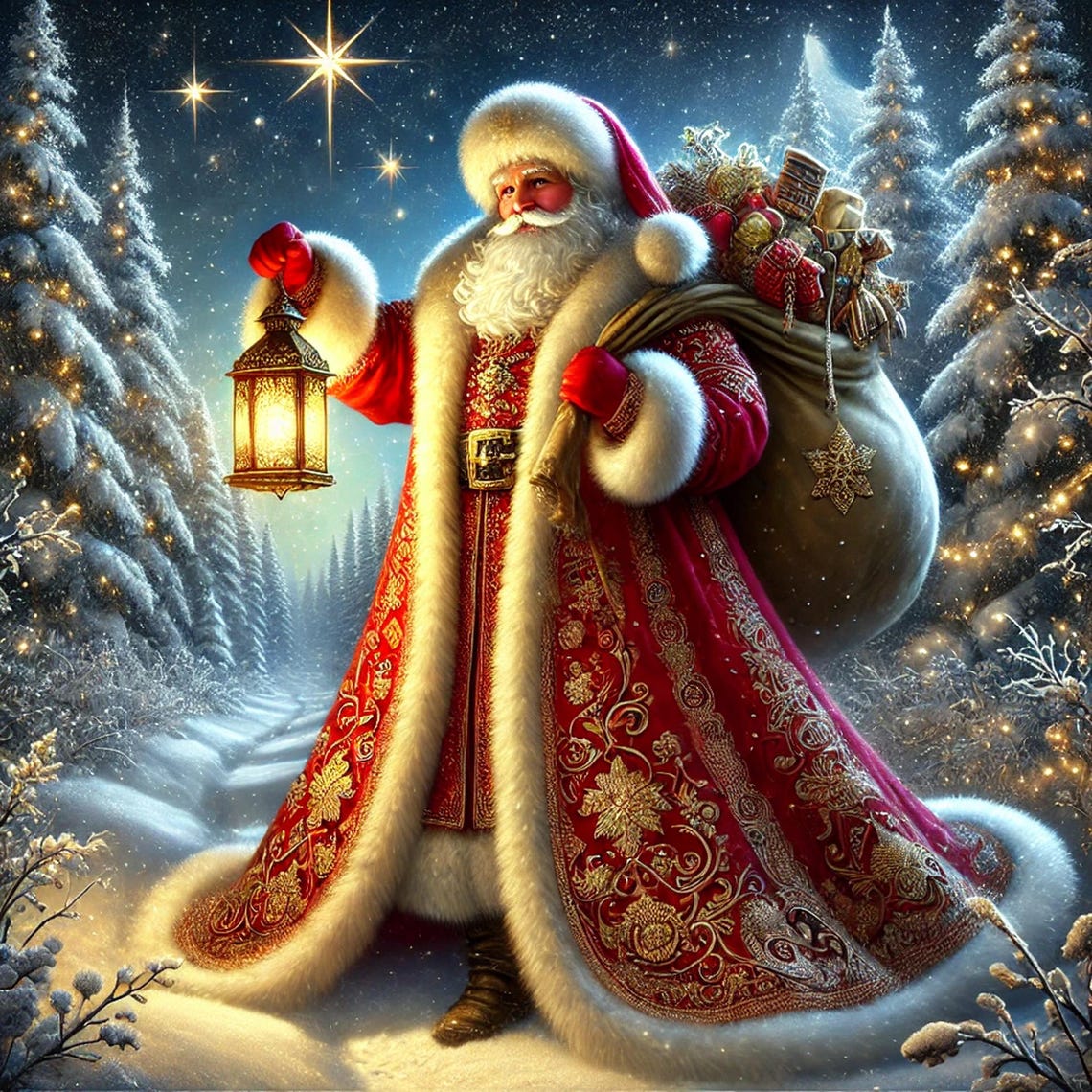 Santa Claus with Lantern Snowy Starry Night Forest Art Print