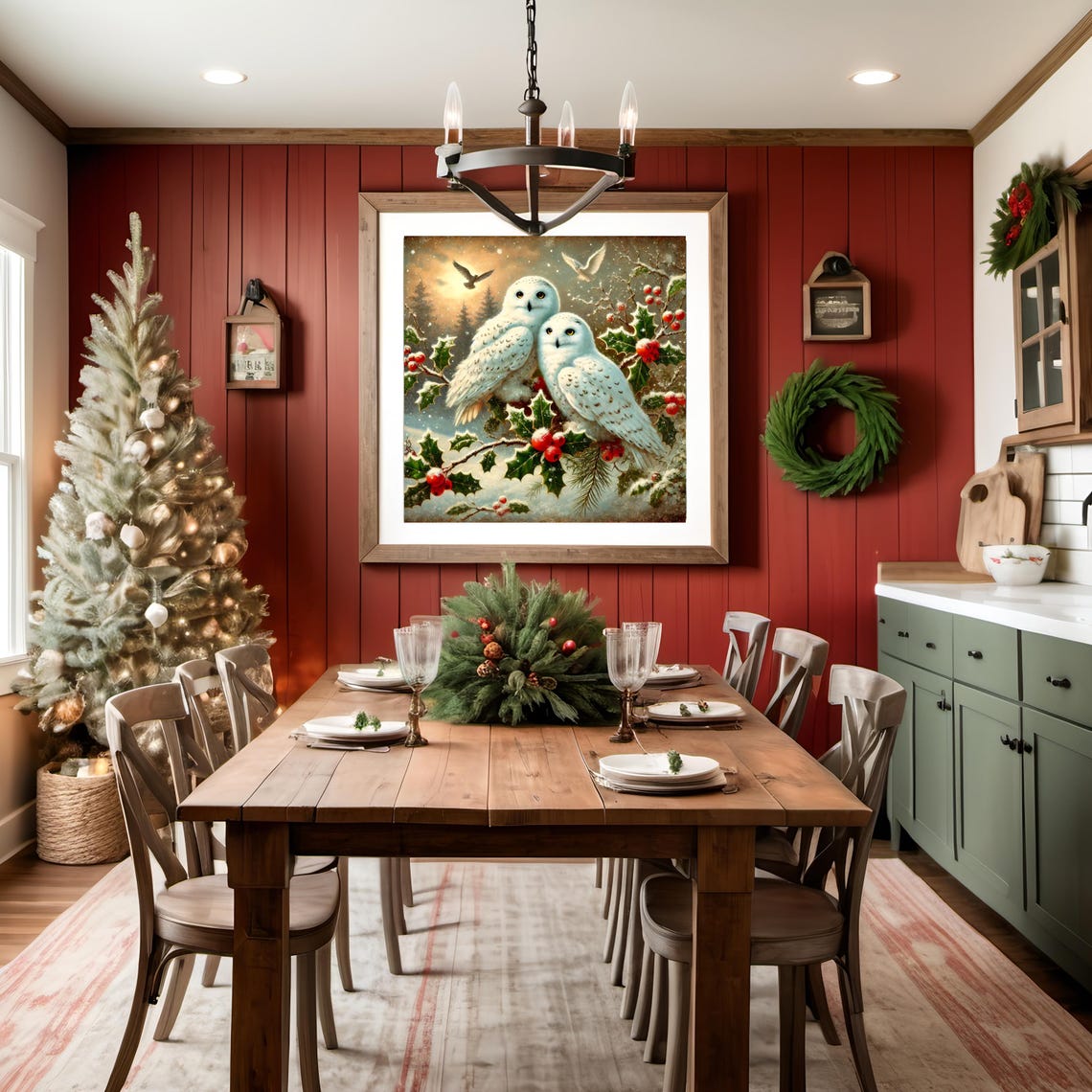 Two Snowy Owls on Holly Branch Cozy Winter Woodland Art Print - Image 2