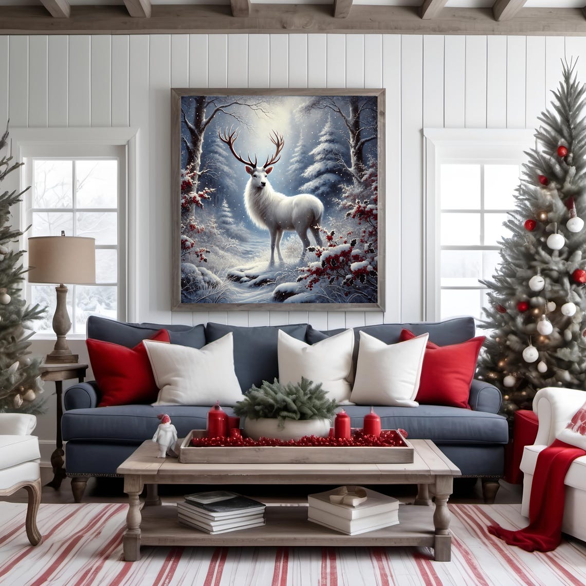White Stag Snowy Forest Moonlit Winter Wildlife Majestic Poster - Image 2