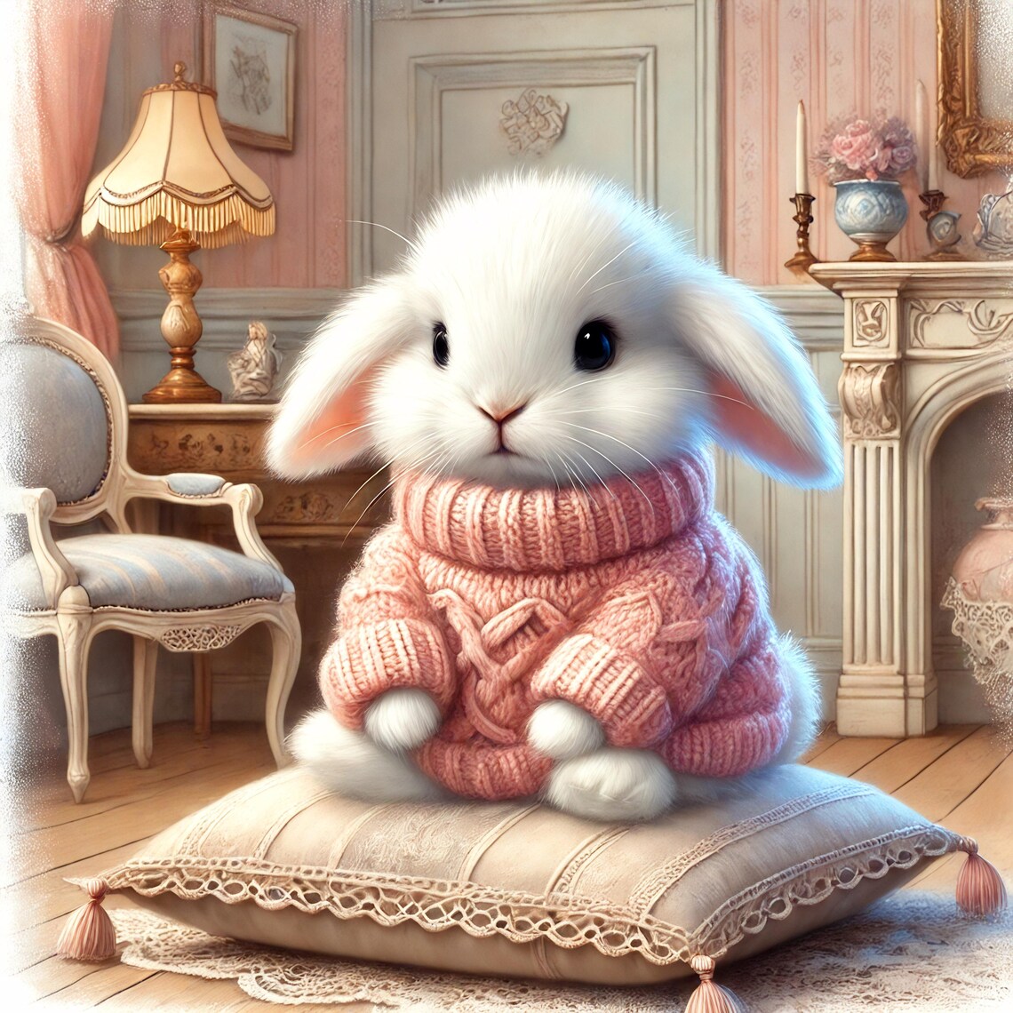 Whimsical Bunny In Cozy Pink Knit Sweater Vintage Nursery Room Poster