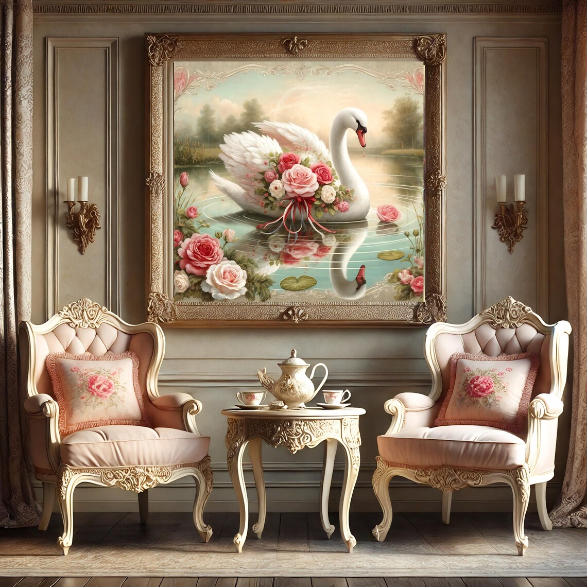 Vintage Swan With Roses, Romantic Victorian Art Print - Image 3