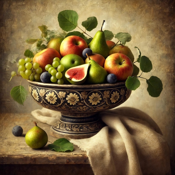 Vintage Still Life Fruit Bowl Print Rustic Elegance With Apples Pears And Figs Wall Art Print Gift Idea For Her
