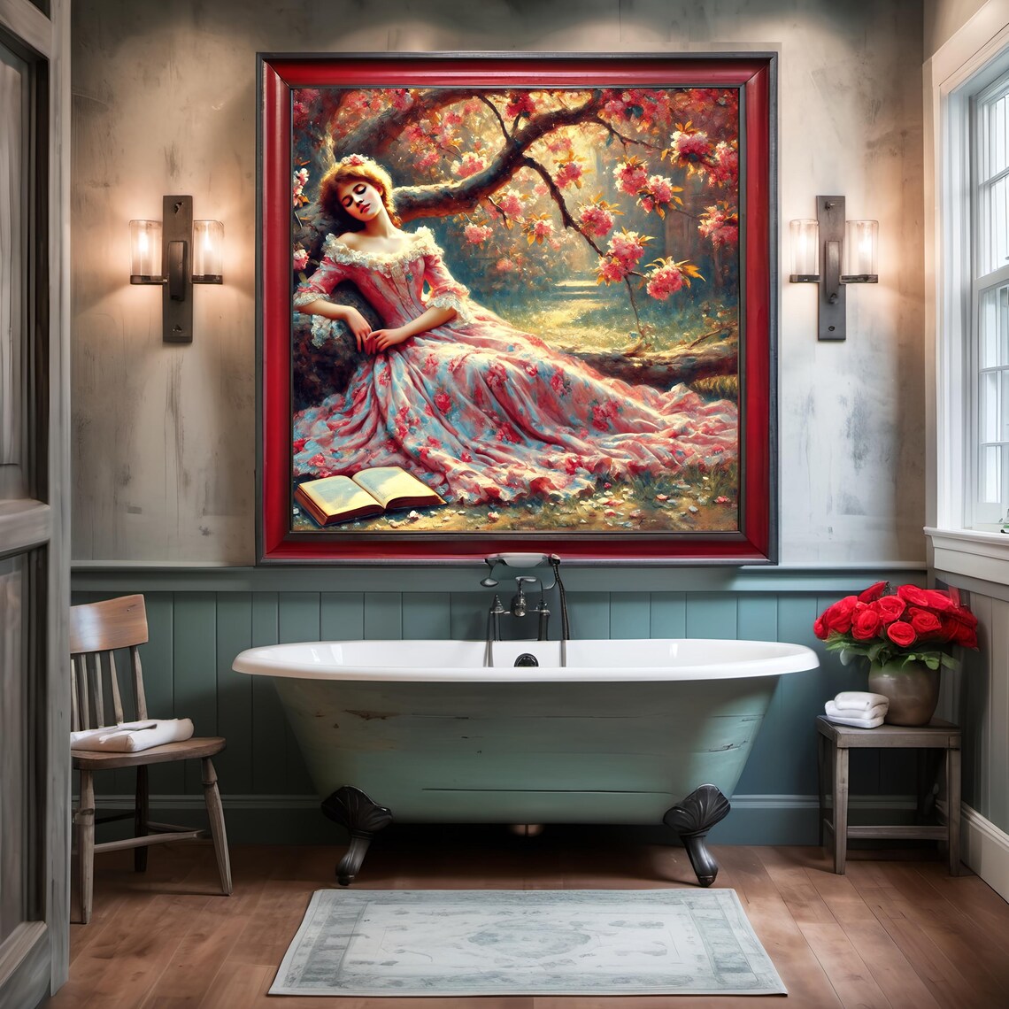 Woman In Pink Gown Reading Book Under Blossom Tree Dreamy Poster - Image 2