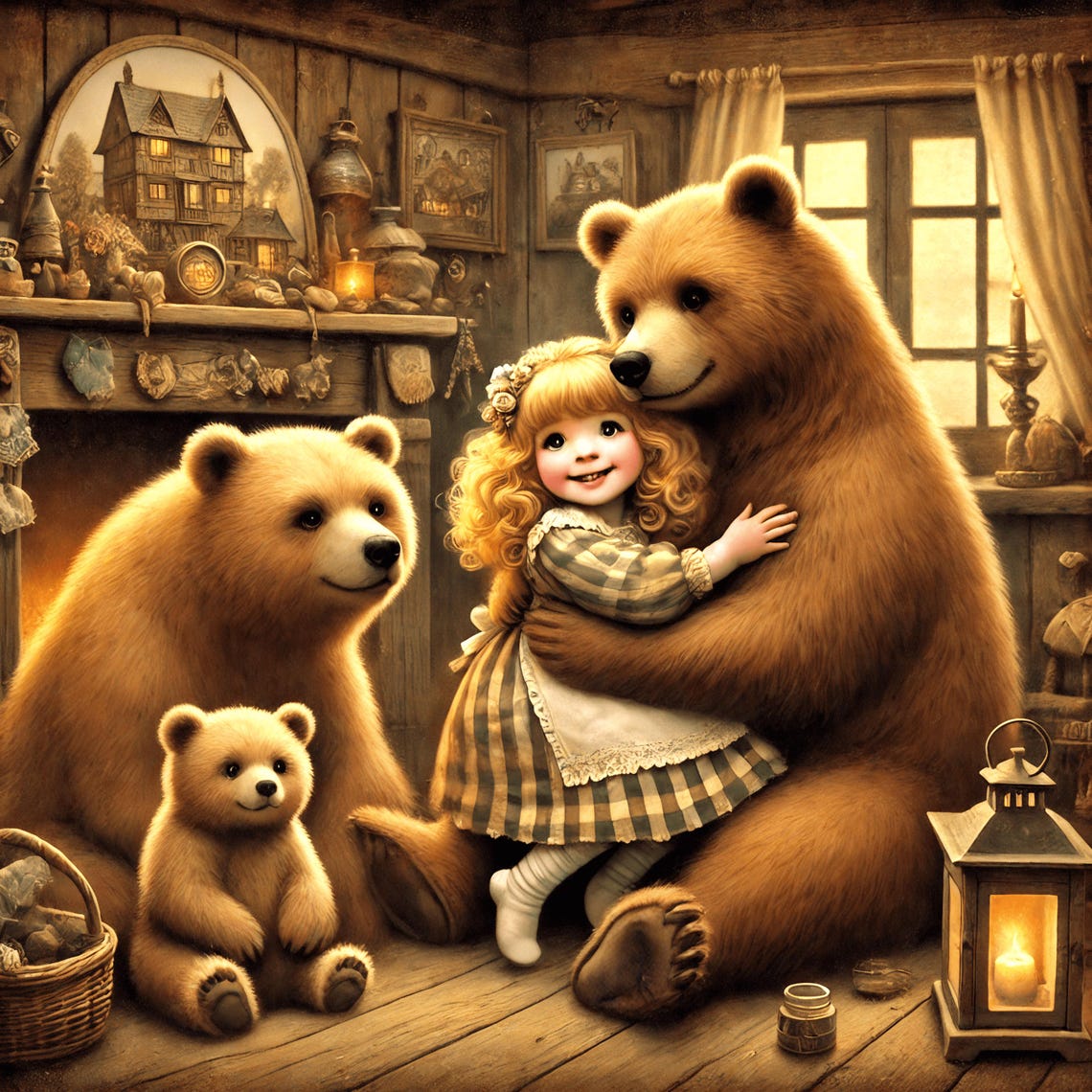Goldilocks Hugging The Big Bear By The Cabin Fireplace Poster