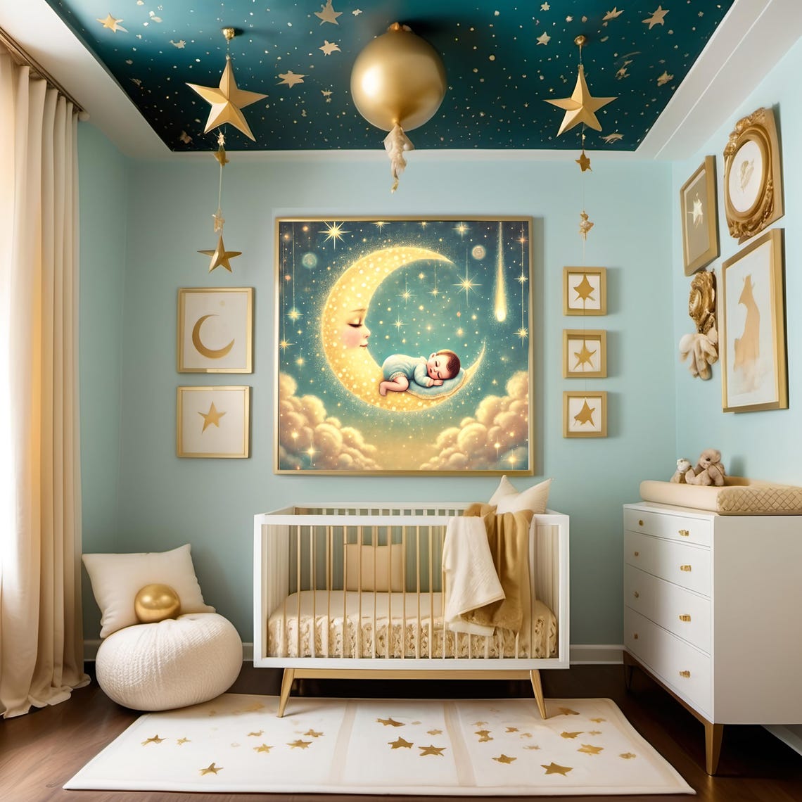 Twinkle Twinkle Little Star Sleeping Baby Golden Moon Art Poster - Image 3