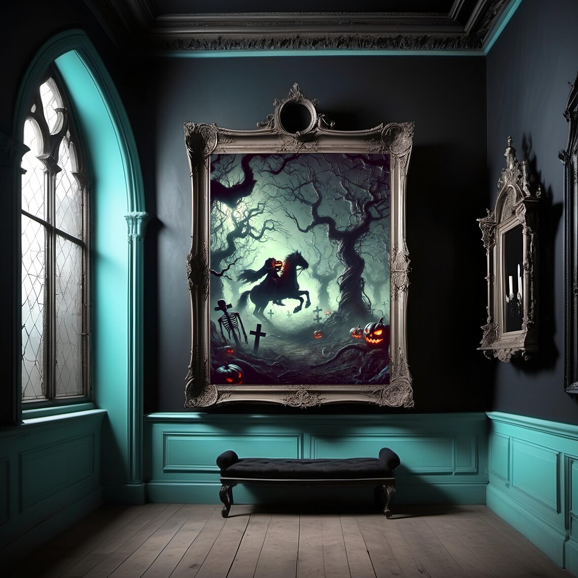 Headless Horseman Haunted Graveyard Jack O Lantern Eerie Gothic Wall Art - Image 3