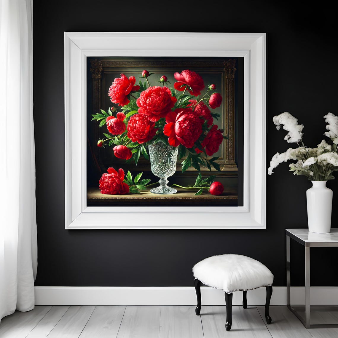 Lush Red Peonies Bouquet in Cut Crystal Vase Floral Still Life Poster - Image 3
