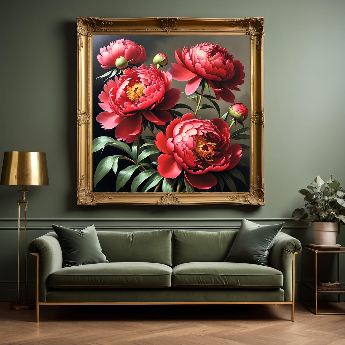 Coral Red Peonies Full Bloom Buds Green Leaves Botanical Poster - Image 2