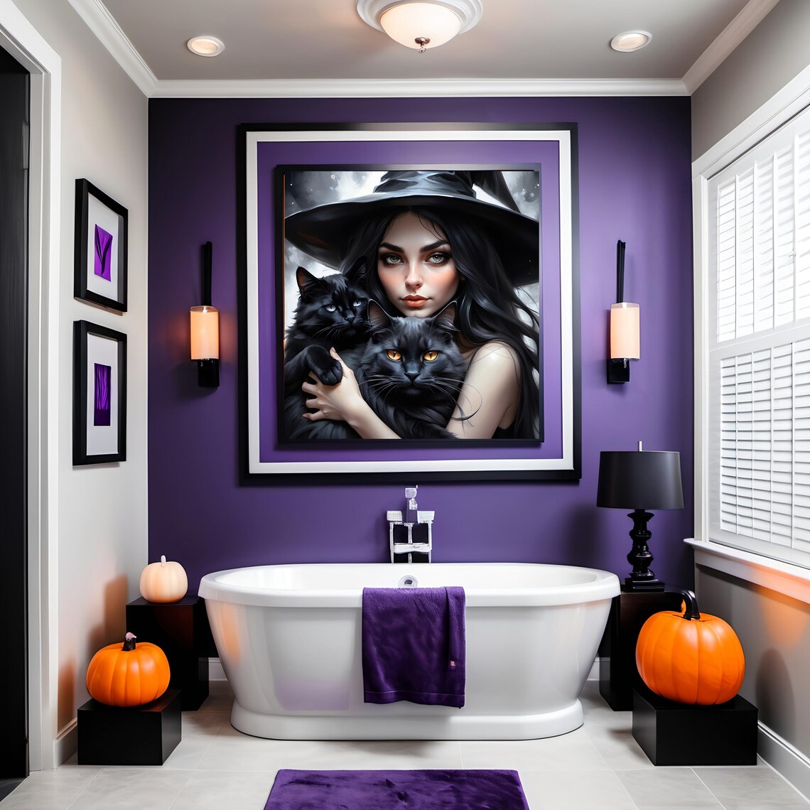 Mystical Black Haired Witch Holding Two Black Cats Gothic Magic Portrait Wall Art - Image 2