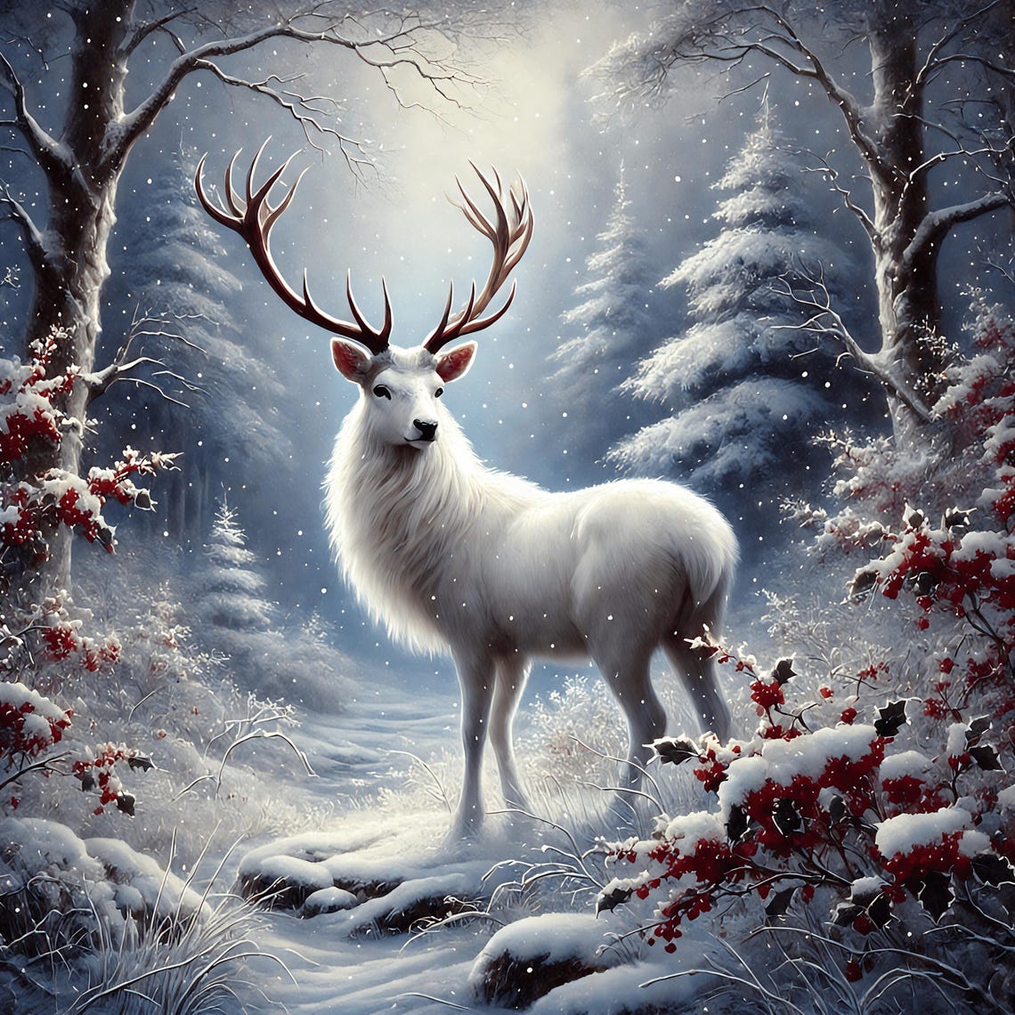 White Stag Snowy Forest Moonlit Winter Wildlife Majestic Poster