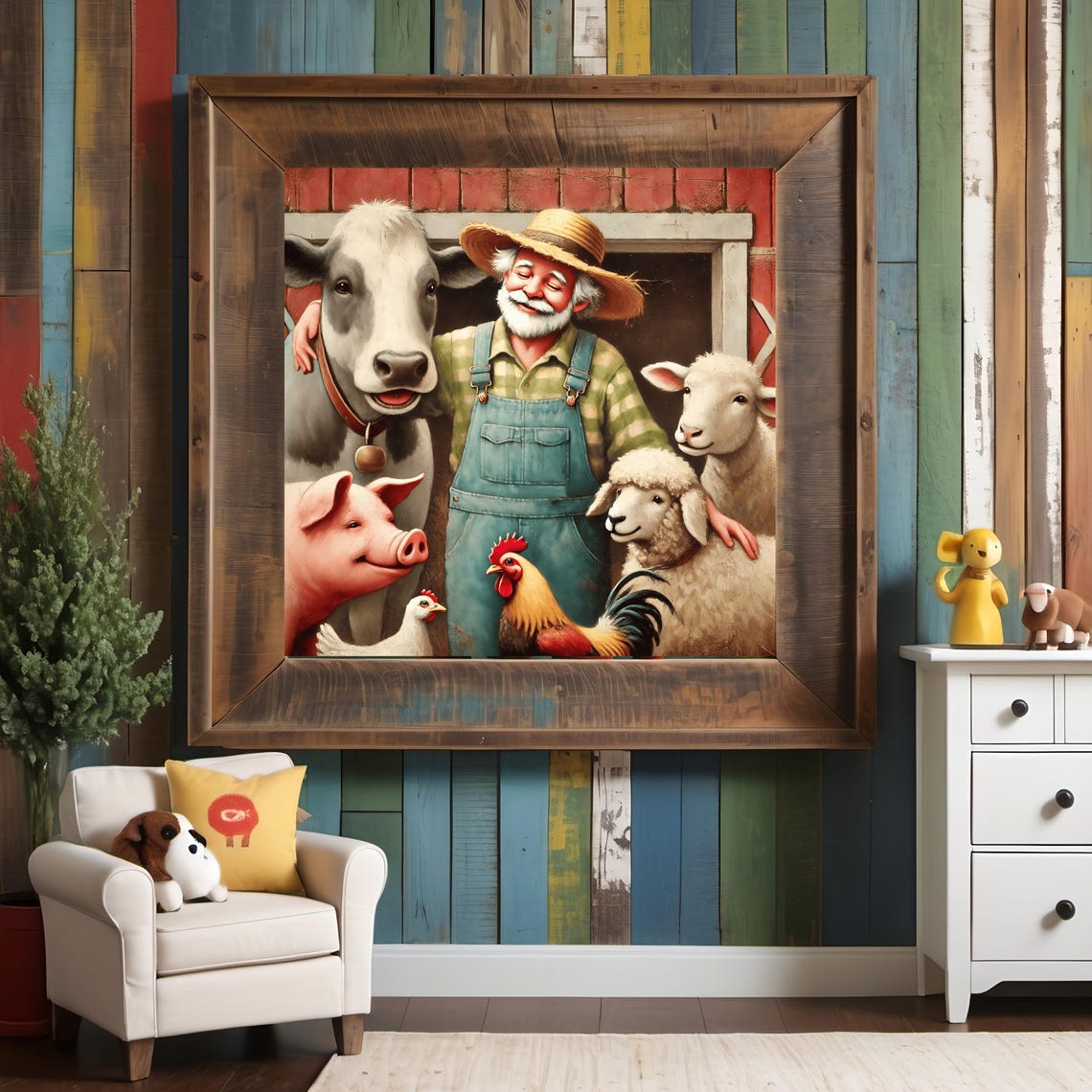 Old MacDonald Had A Farm Cheerful Farmer And Animals Art Poster - Image 3