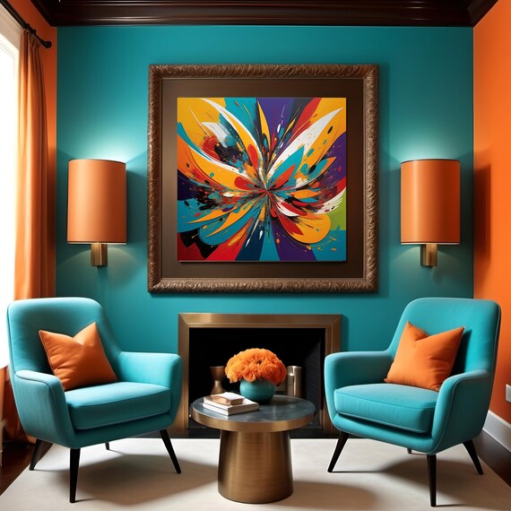 Kaleidoscopic Abstract Vibrant Turquoise Orange Purple Wall Art Dynamic Radial Design For Modern Dcor
