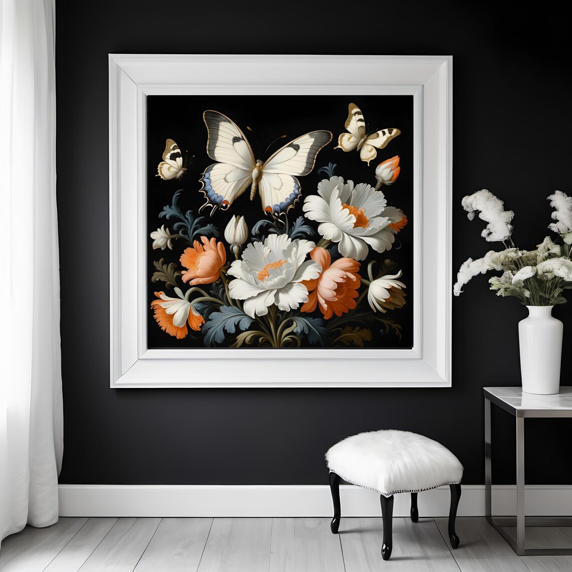 Butterfly and Floral Vintage Art Print, Black Rococo - Image 3