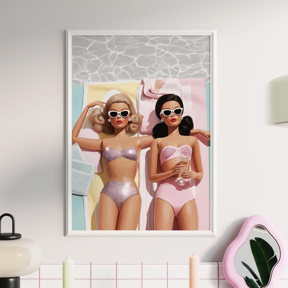 Retro Fashion Doll Beach Poster Coastal Wall Art Digital Download