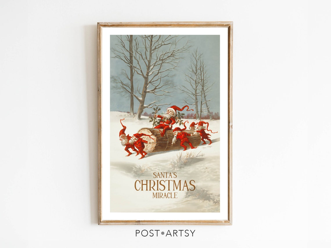 Santas Christmas Miracle Vintage Santa Elves Snow Scene Poster