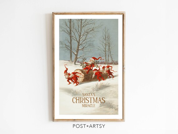 Santas Christmas Miracle Vintage Santa Elves Snow Scene Poster