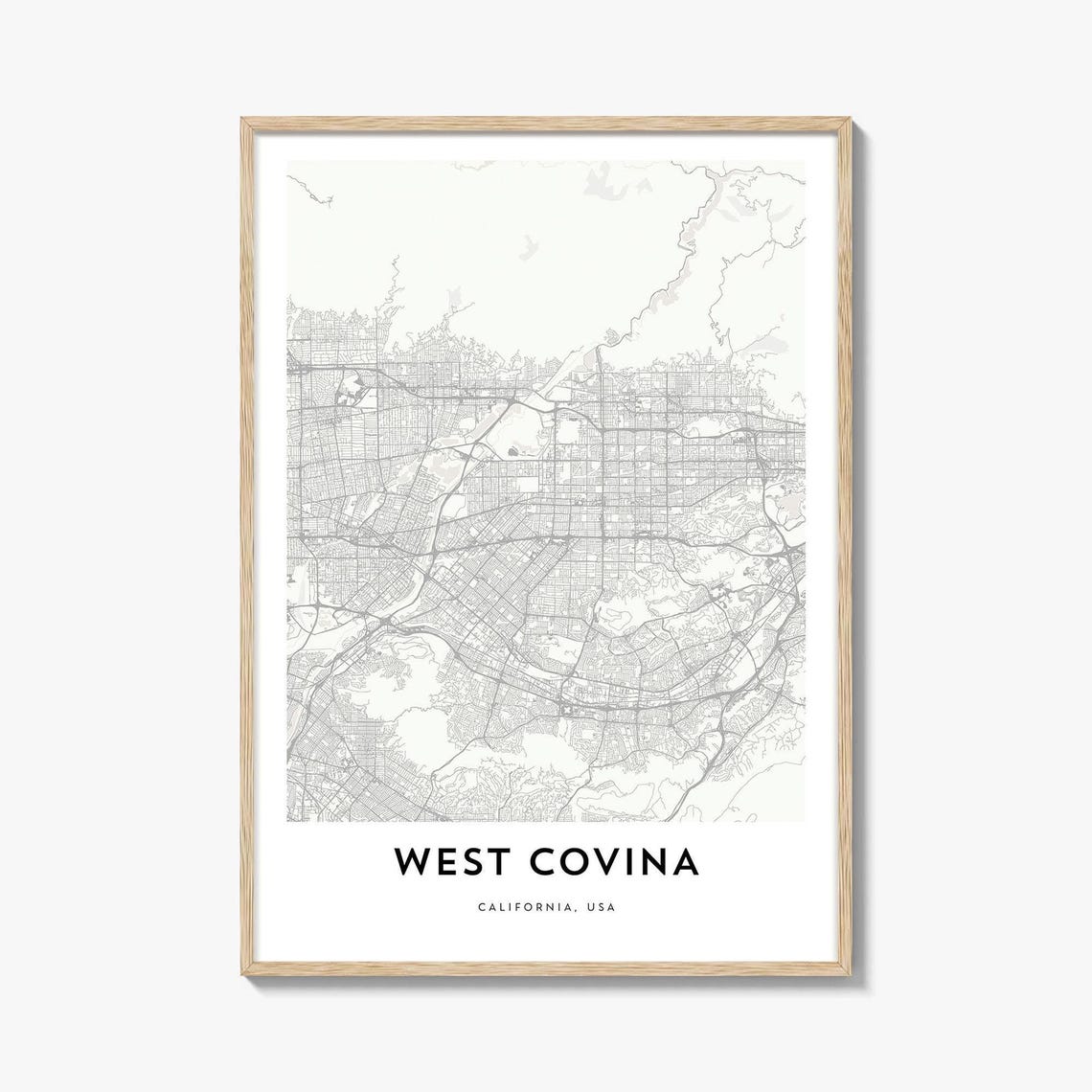 West Covina California Minimalist Street Map Monochrome City Poster