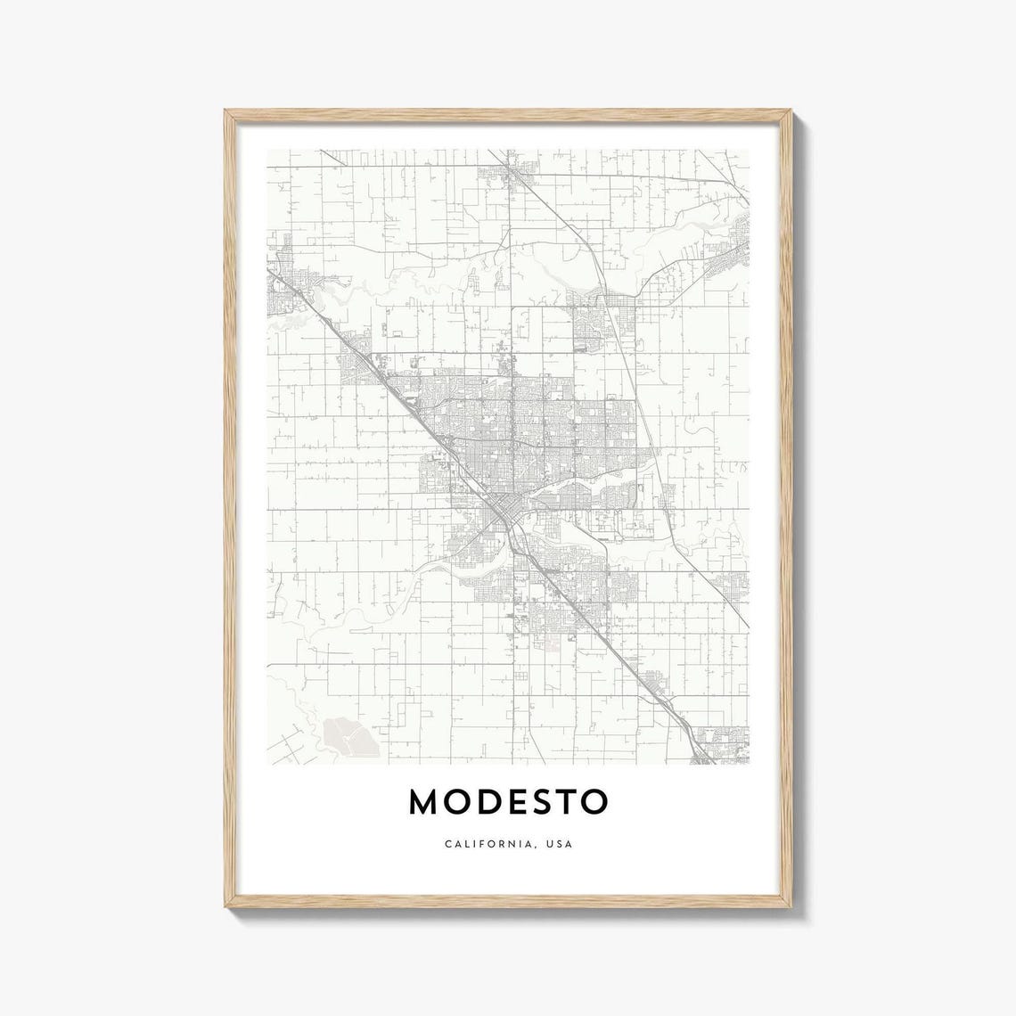 Modesto California Minimalist City Map Poster in Clean White Style