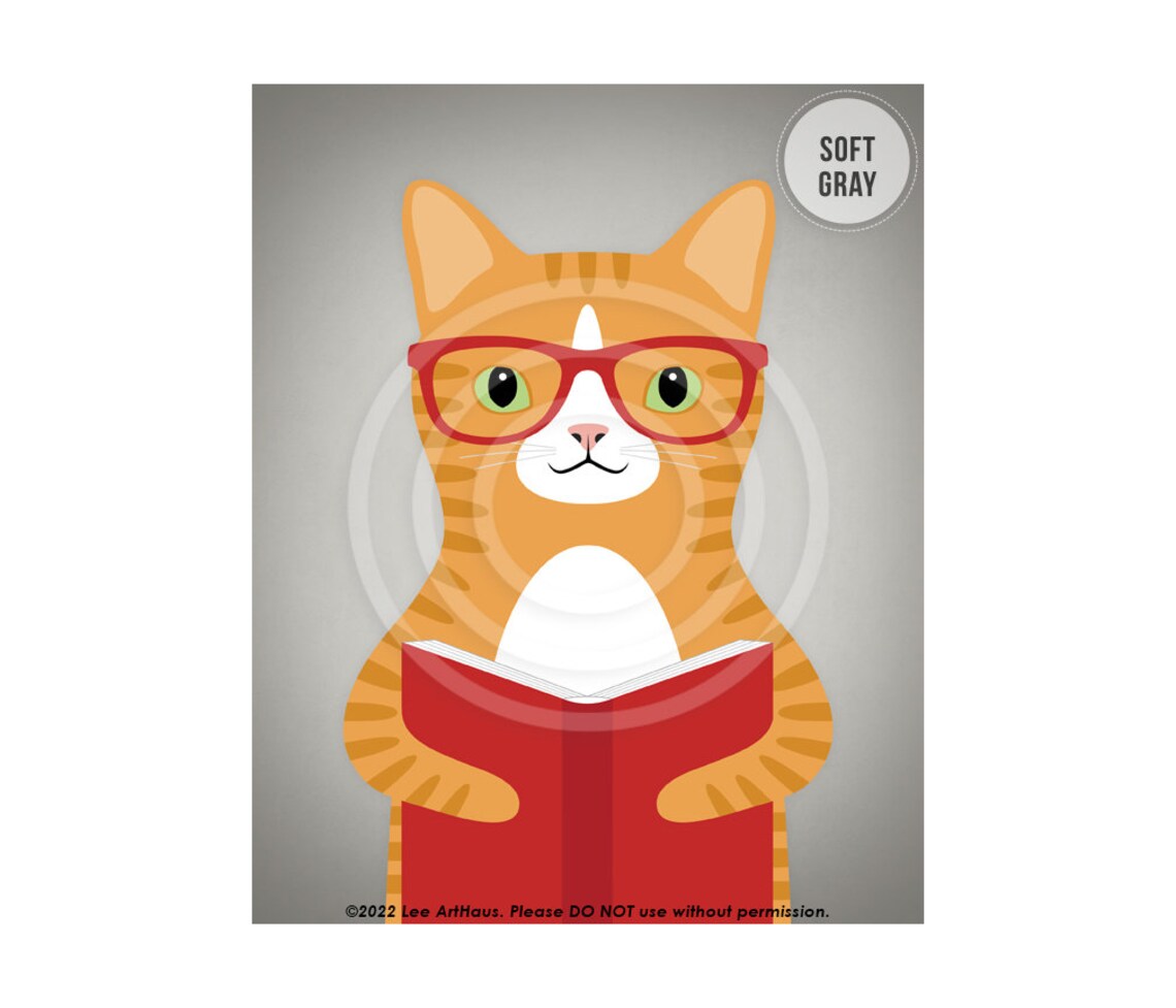 Orange Tabby Cat Reading Red Book Nerdy Glasses Funny Cat Wall Art Poster - Image 3