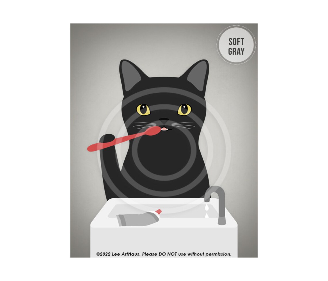Black Cat Brushing Teeth Yellow Eyes Pink Watercolor Funny Bathroom Poster - Image 3
