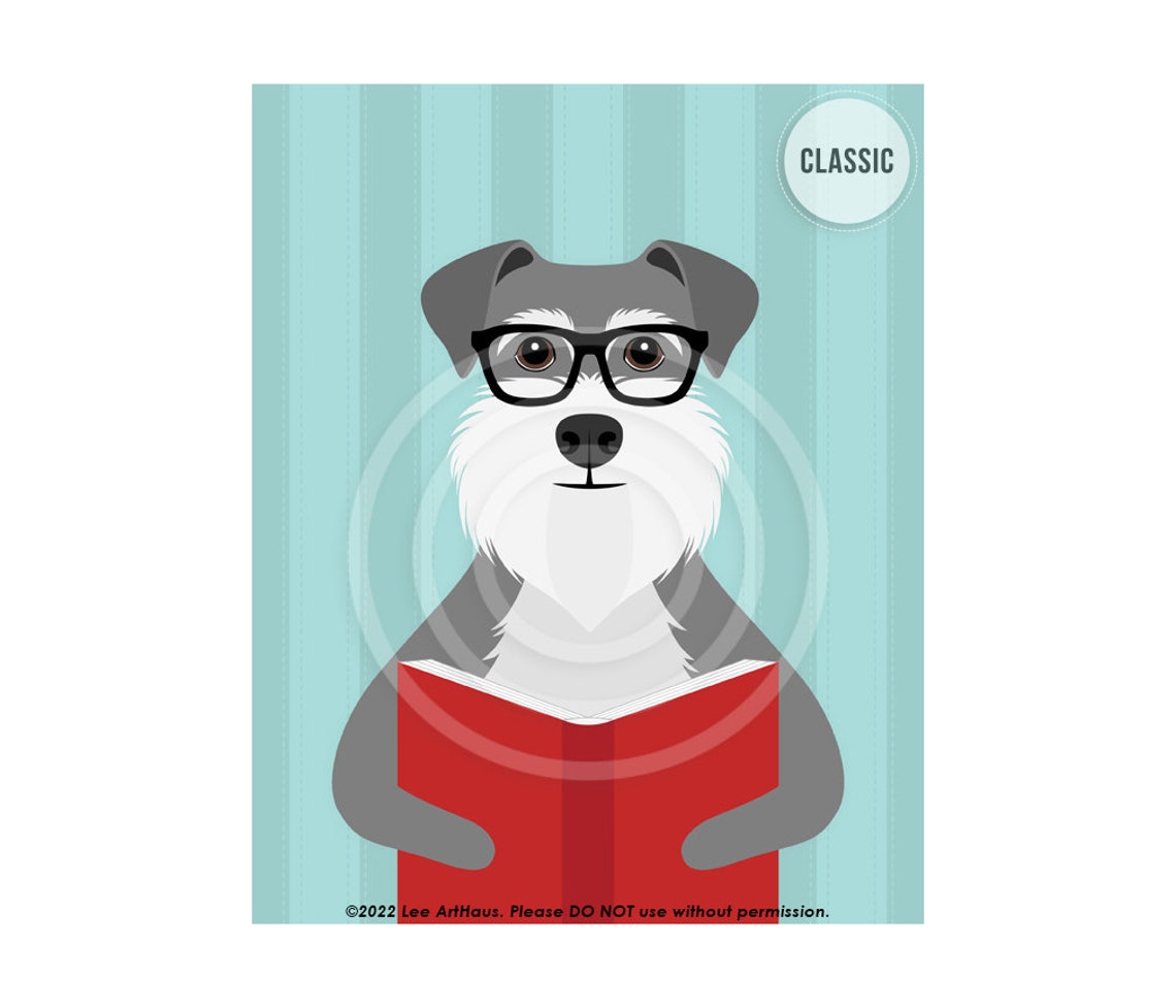 Schnauzer Wearing Glasses Reading a Red Book Funny Dog Poster