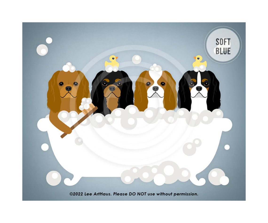 Four Cavalier King Charles Spaniels Bubble Bath Funny Dog Poster - Image 2