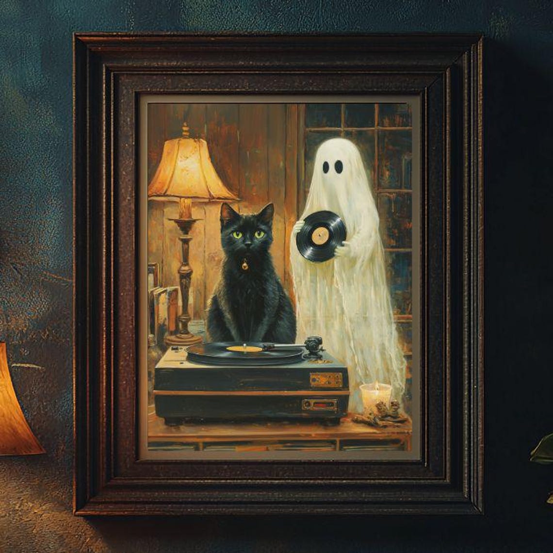 Black Cat and Ghost Vinyl Record Player Spooky Music Night Poster