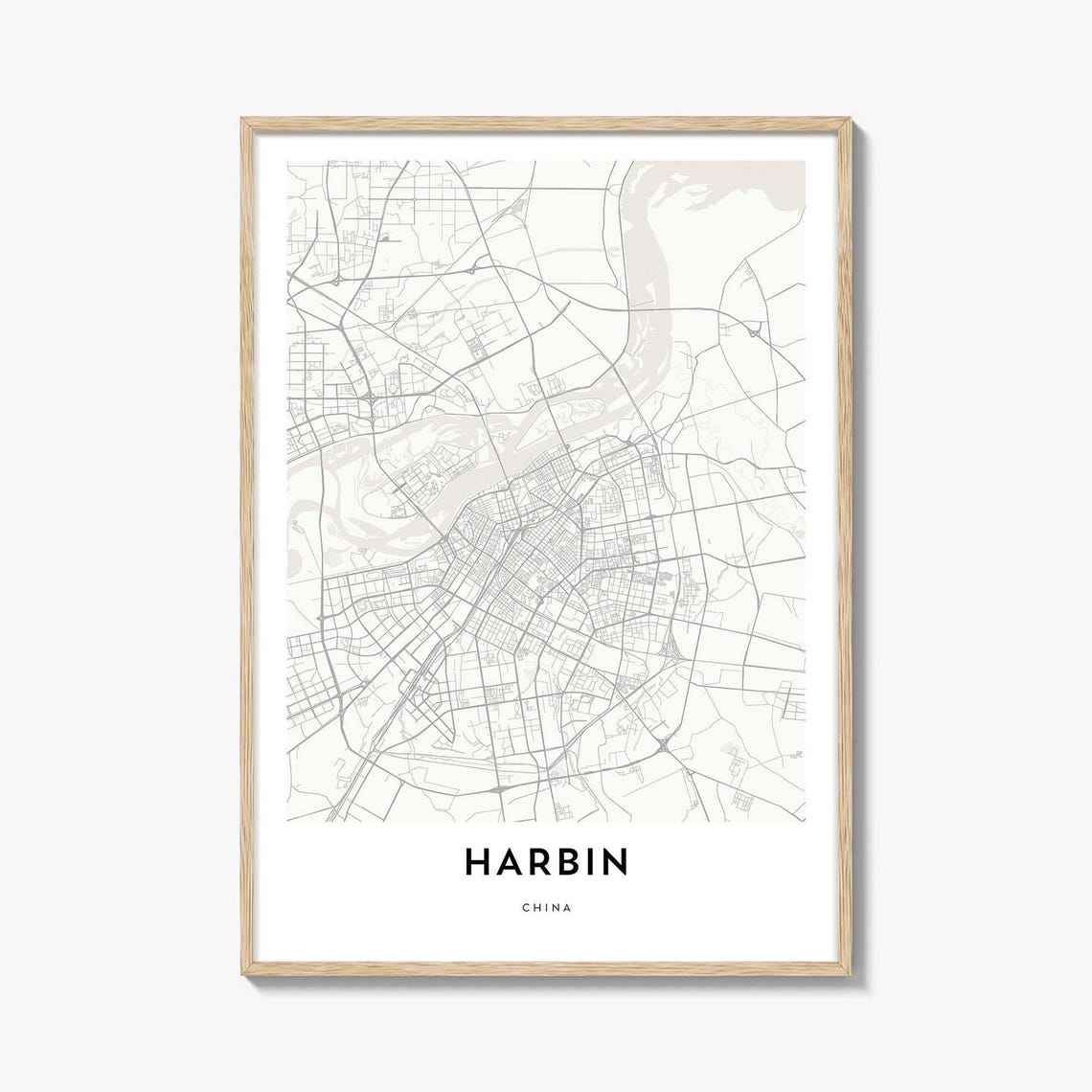 Harbin China Minimalist Beige City Street Map Travel Art Poster