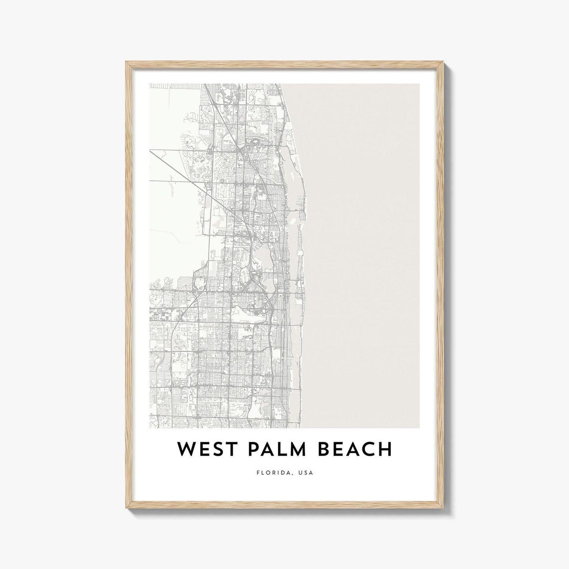 Minimalist West Palm Beach Florida Coastal Map Poster in Gray