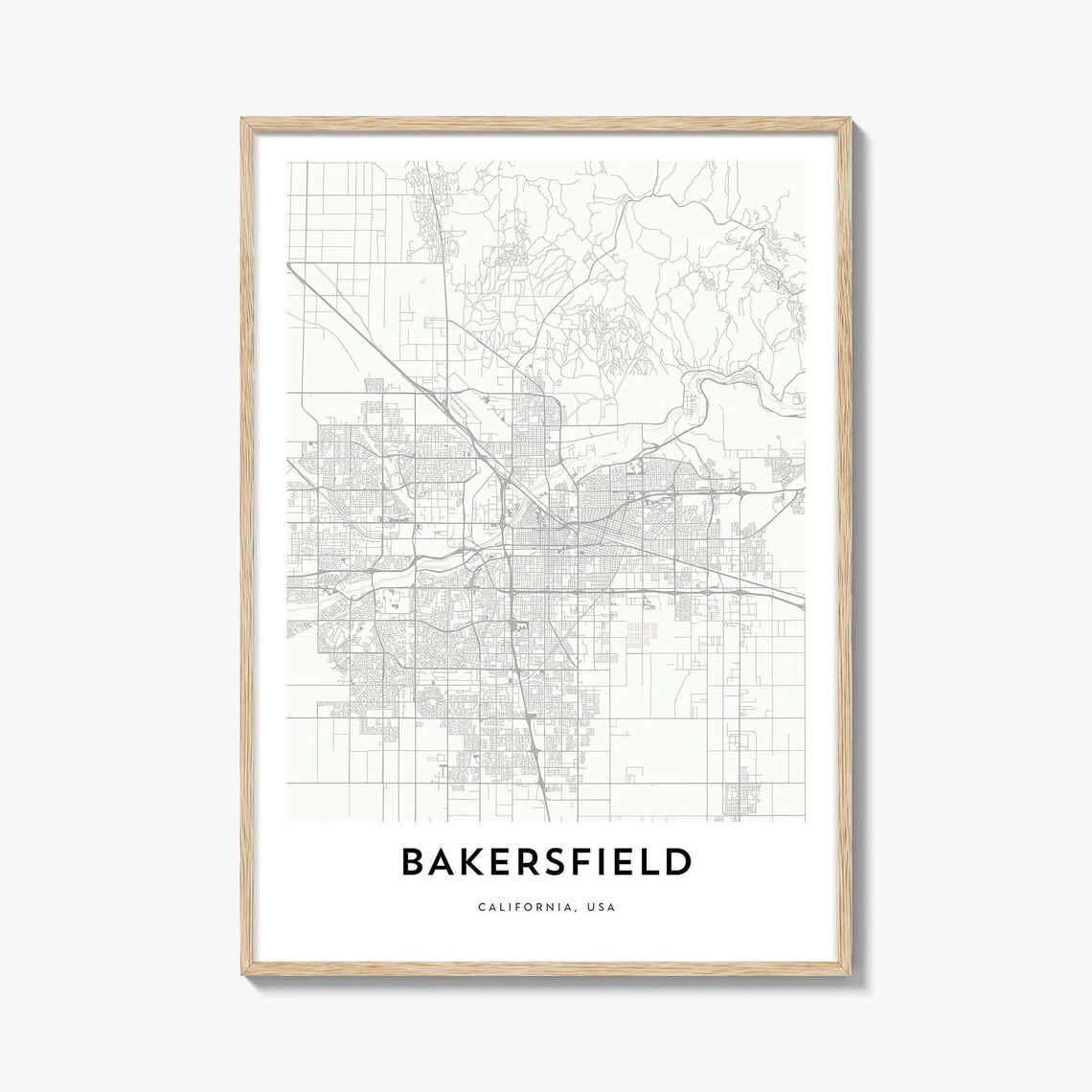 Bakersfield California Minimalist City Street Map Black White Art Poster