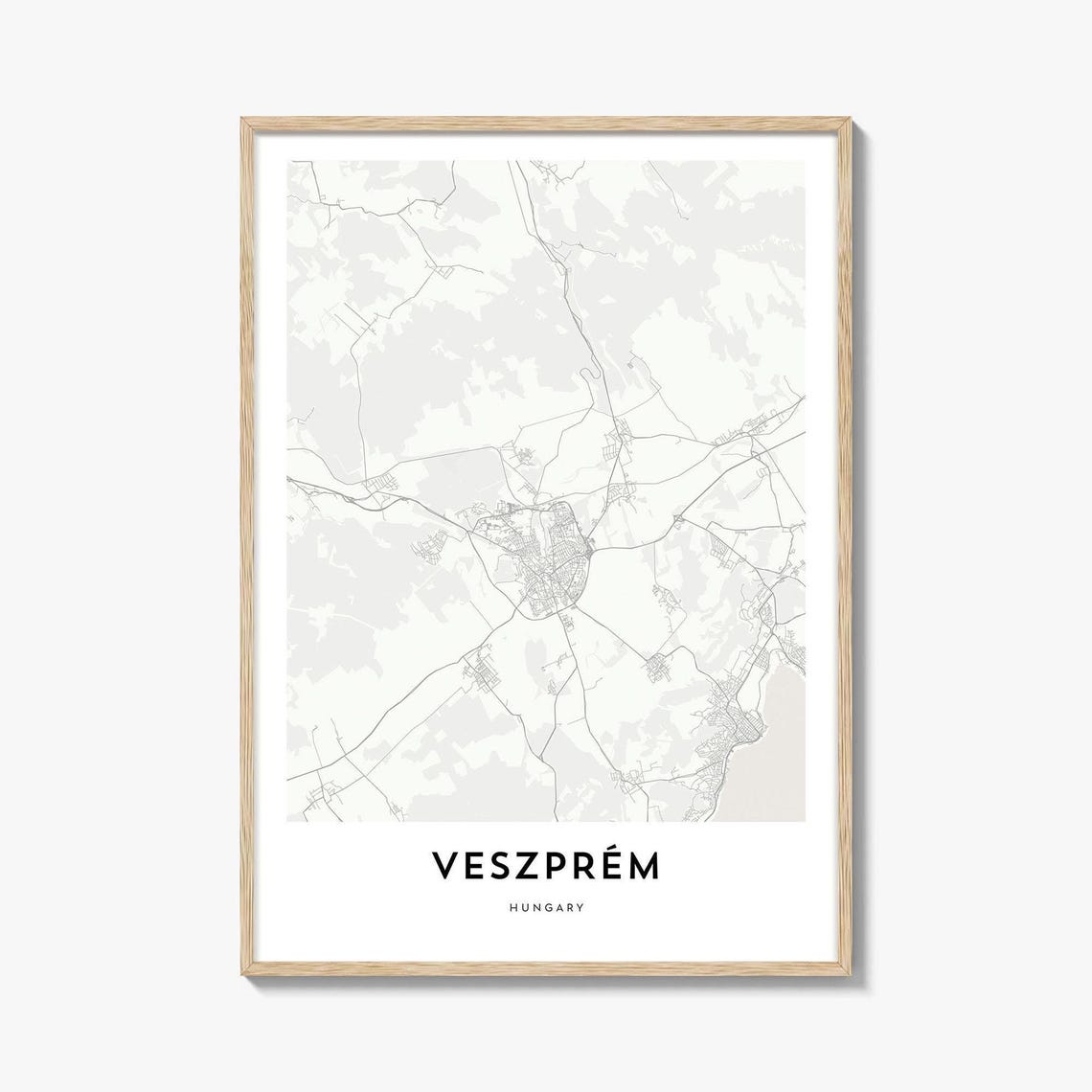Veszprem Hungary Minimalist Street Map Poster With Light Wood Frame