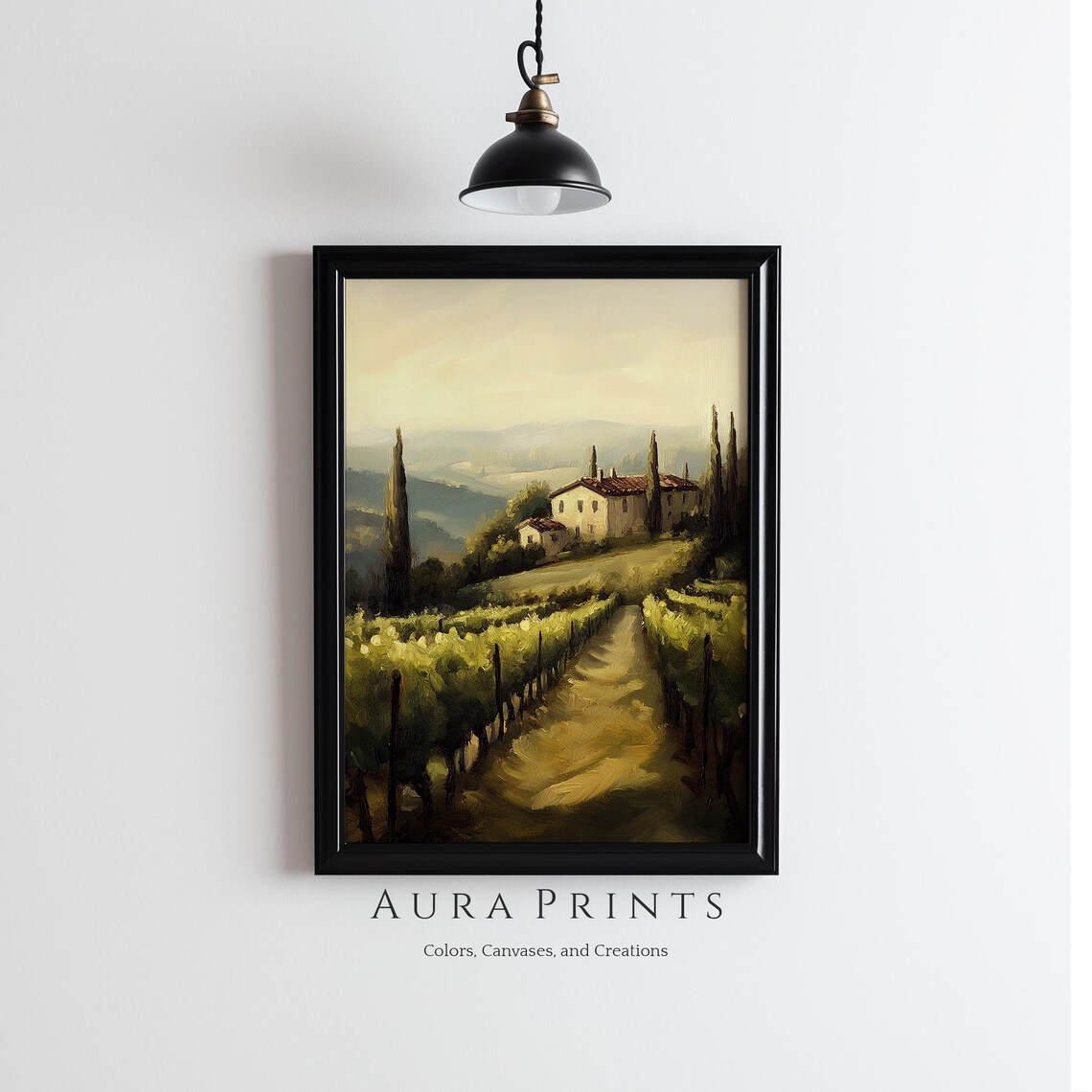 Stone Farmhouse Vineyard Oil Painting Peaceful River Landscape Poster