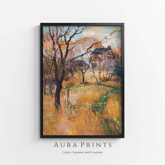 Golden Autumn Countryside Cottage Among Bare Trees Painting Poster
