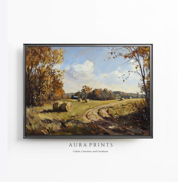 Open Field With Hay Bales Painting Autumn Trees And Tractor Scene Vintage Wall Art 1233