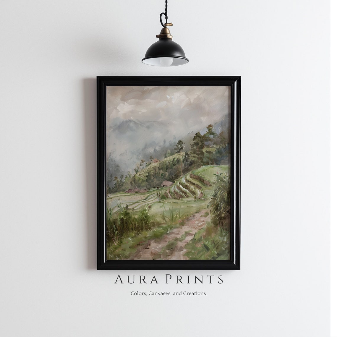 Asian Rice Terraces Misty Mountains Green Valley Oil Art Poster