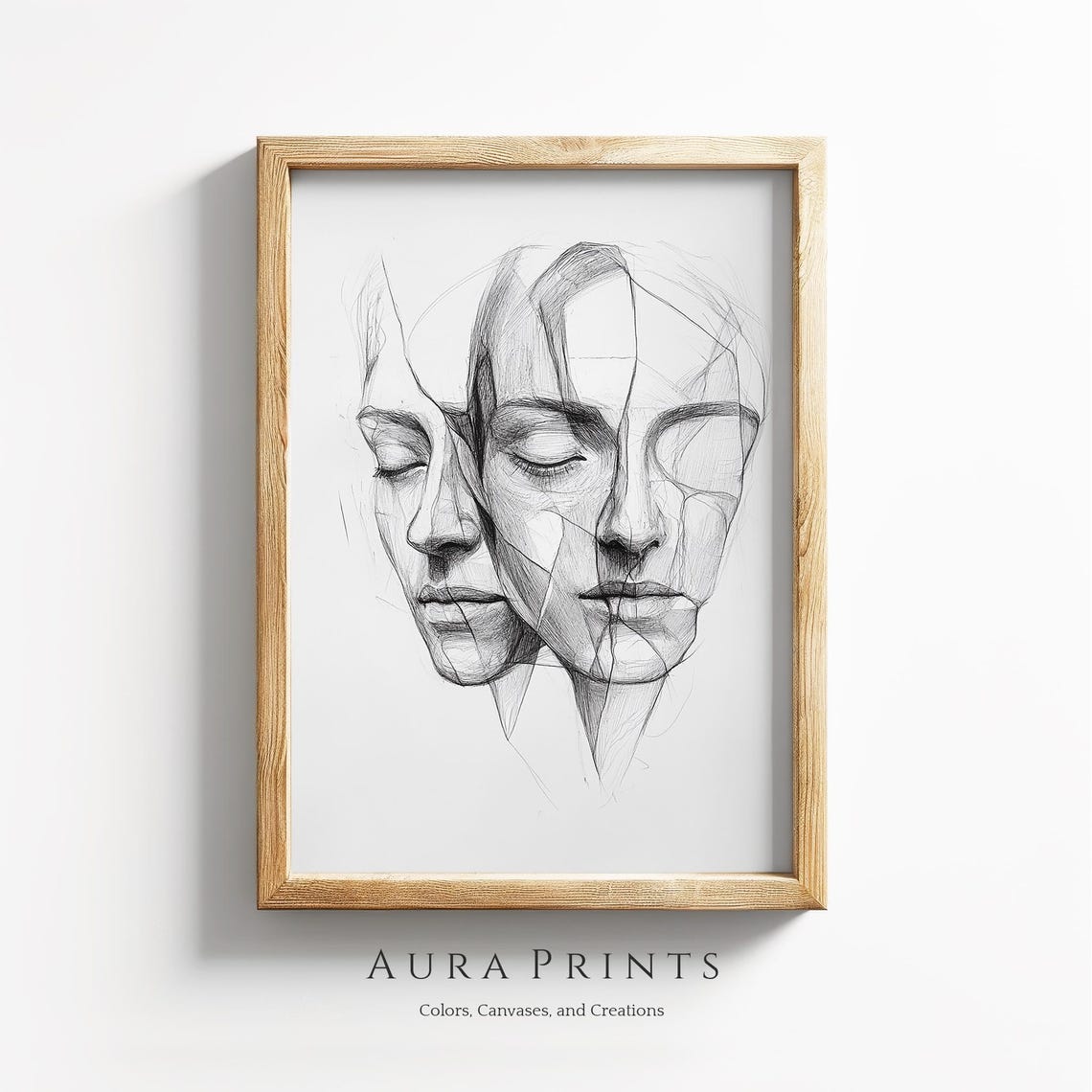Couple Faces Pencil Sketch Overlapping Line Art Romantic Poster