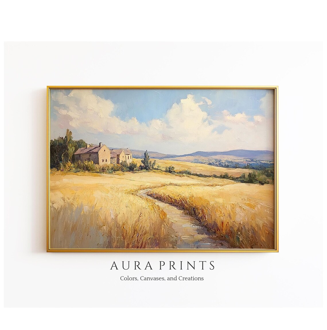 Golden Wheat Field Stone Villa Rural Summer Harvest Oil Poster