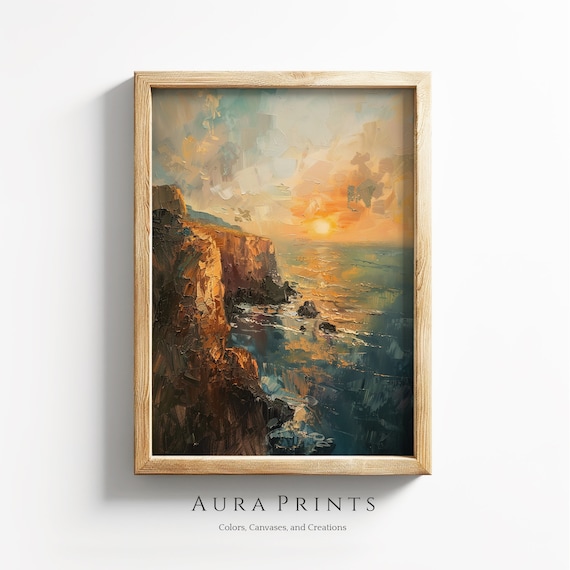 Sunset Over Coastal Cliffs Thick Impasto Oil Painting Poster